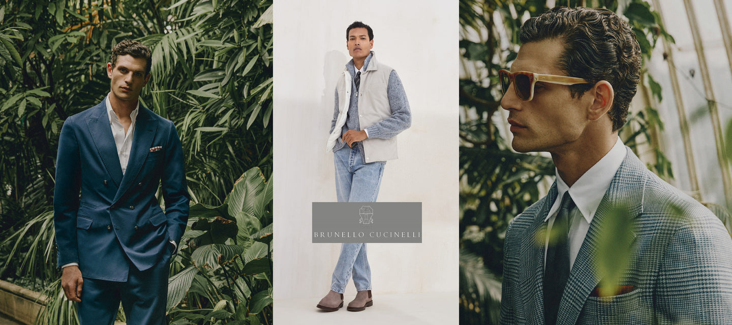 Brunello Cucinelli Fall 2025 blue suit and sportcoat with suede vest