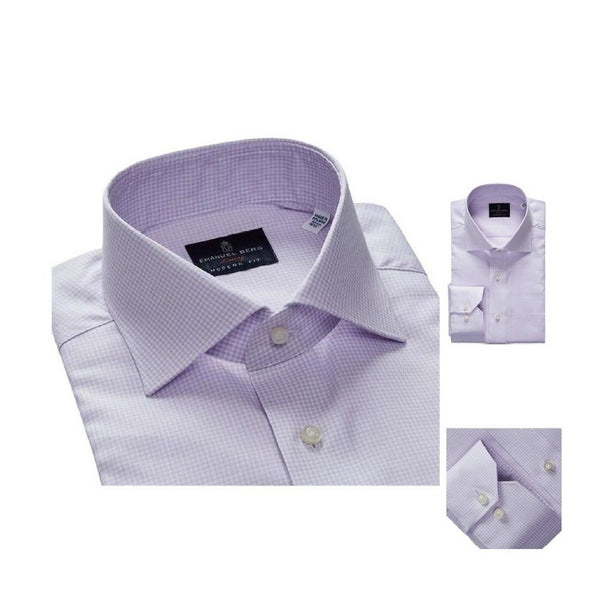 Folded light purple dress shirt with a collar and cuff on a white background